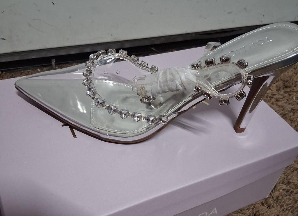 Brand new ladies top moda silver clear acrylic heels size 7 and 1/2 new