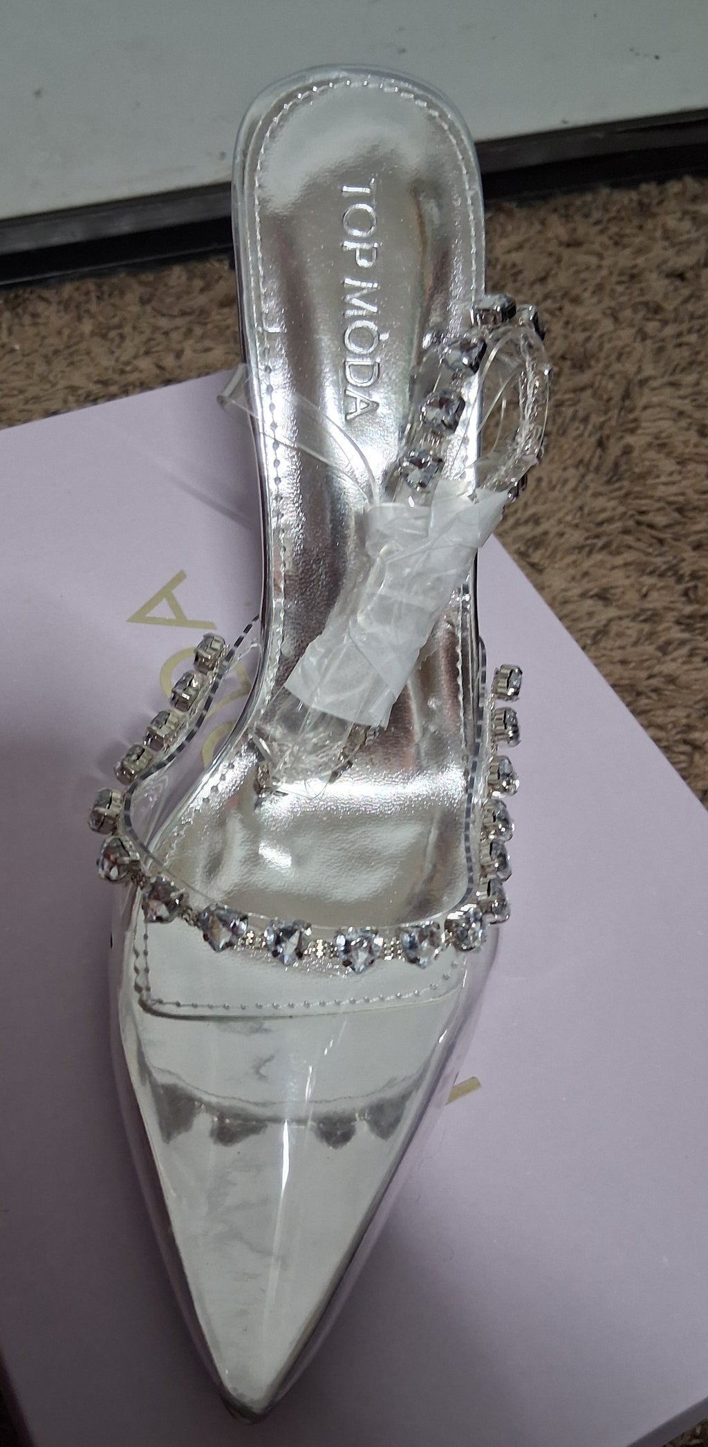 Brand new ladies top moda silver clear acrylic heels size 7 and 1/2 new