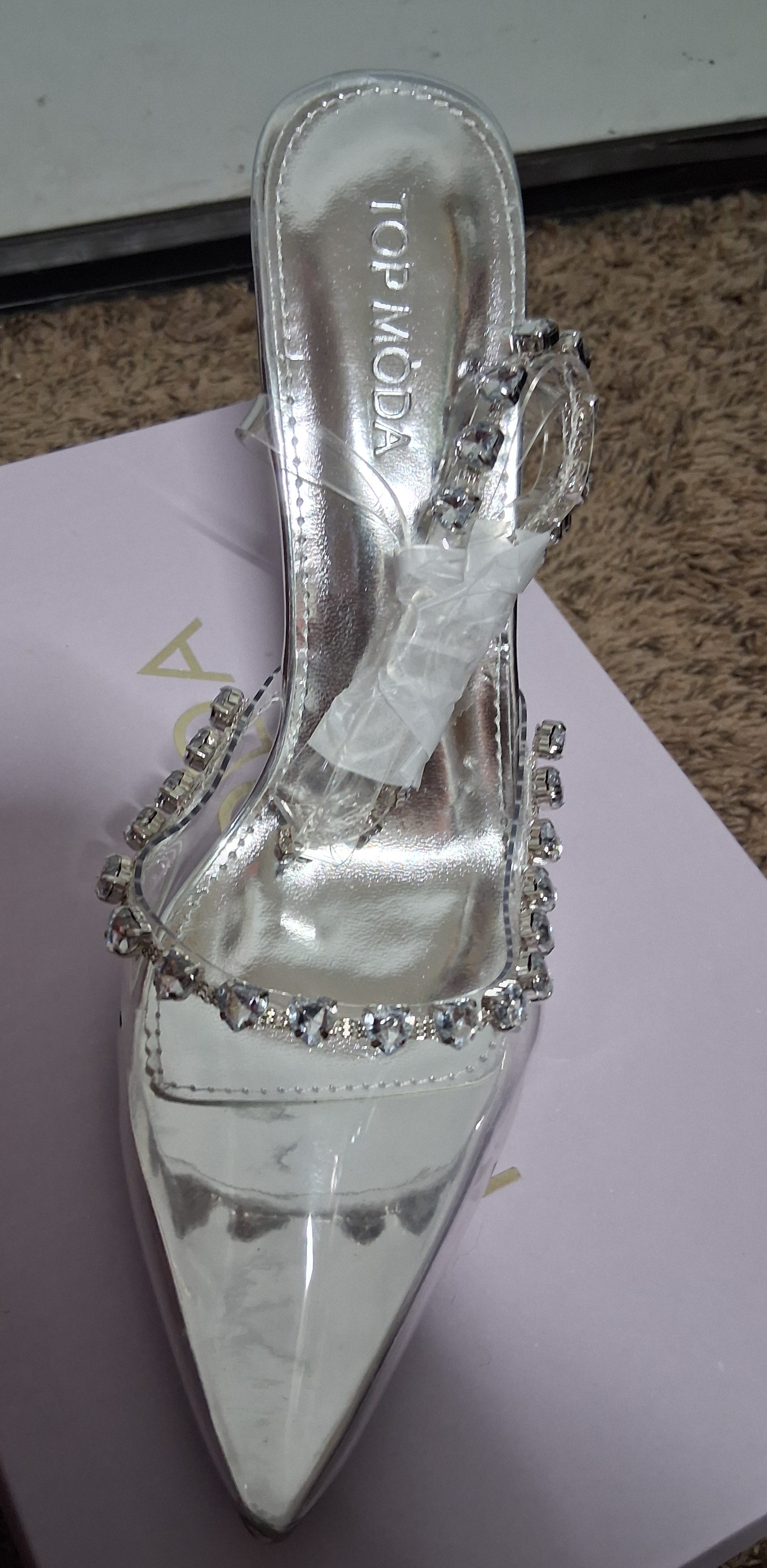 Brand new ladies top moda silver clear acrylic heels size 7 and 1/2 new