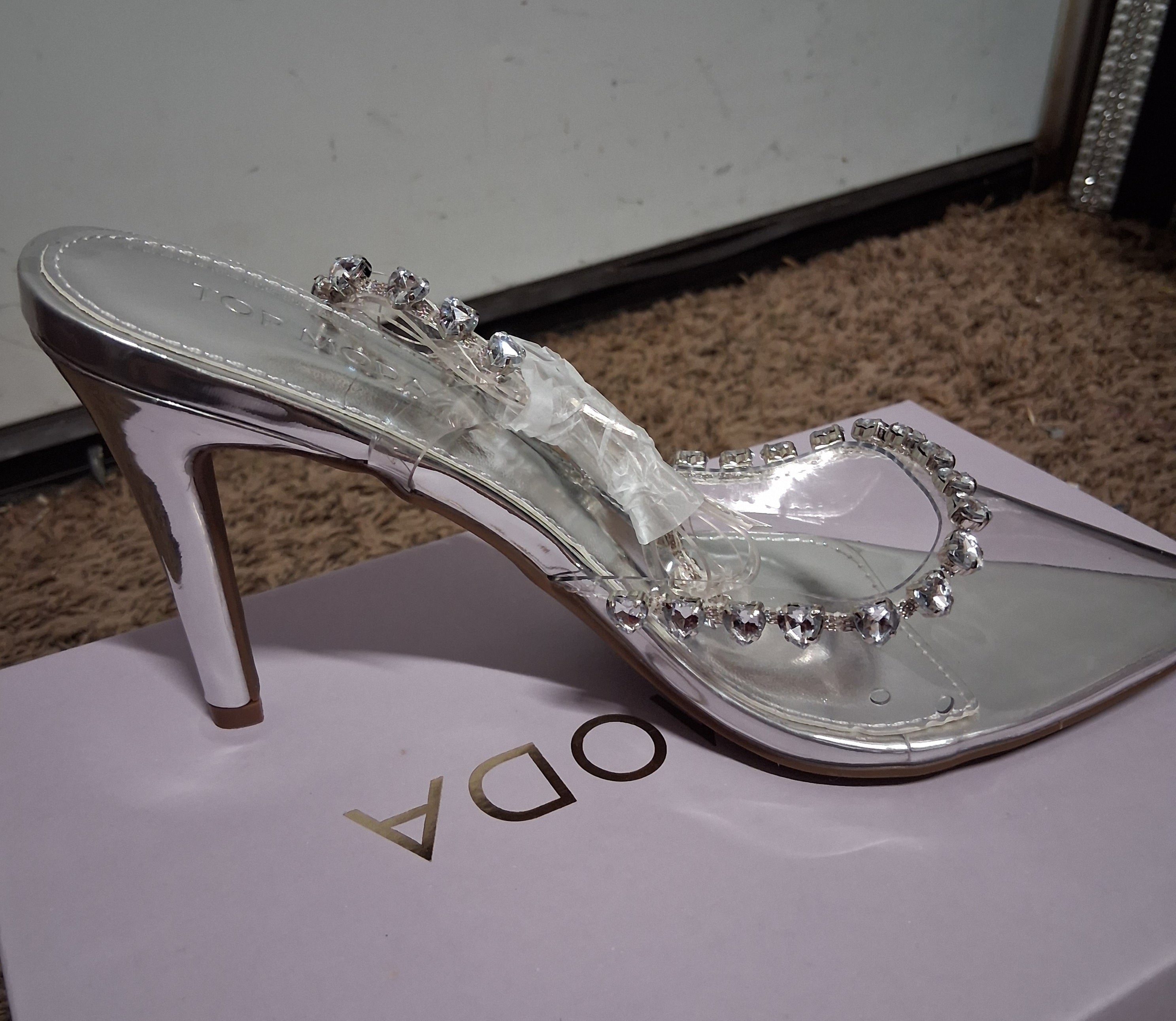 Brand new ladies top moda silver clear acrylic heels size 7 and 1/2 new