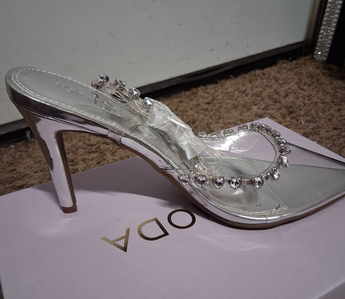 Brand new ladies top moda silver clear acrylic heels size 7 and 1/2 new